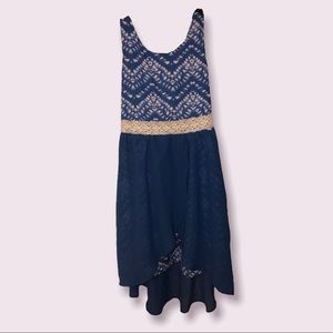 kids casual or formal blue and white zigzag pattern layered dress tie back
